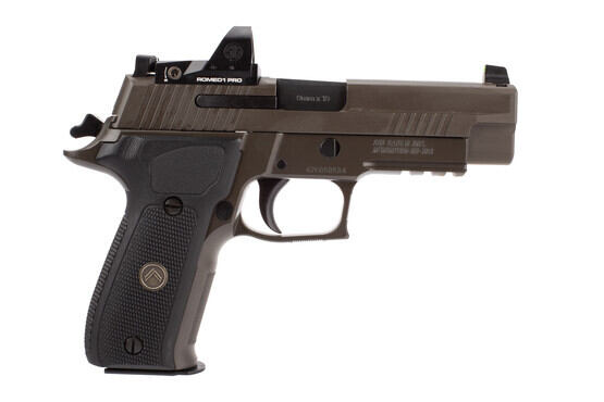 Sig Sauer P226 Legion RX Full Size handgun in gray has a carbon steel barrel, alloy frame and stainless steel slide